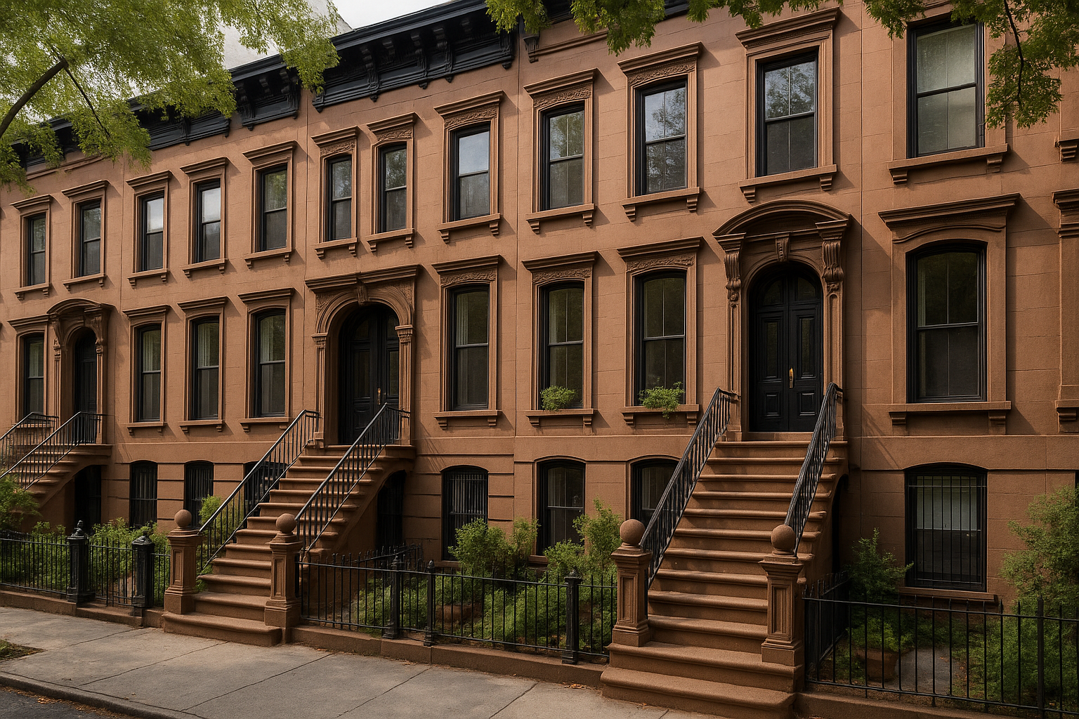 Beautiful Brooklyn brownstone buildings with tree-lined street